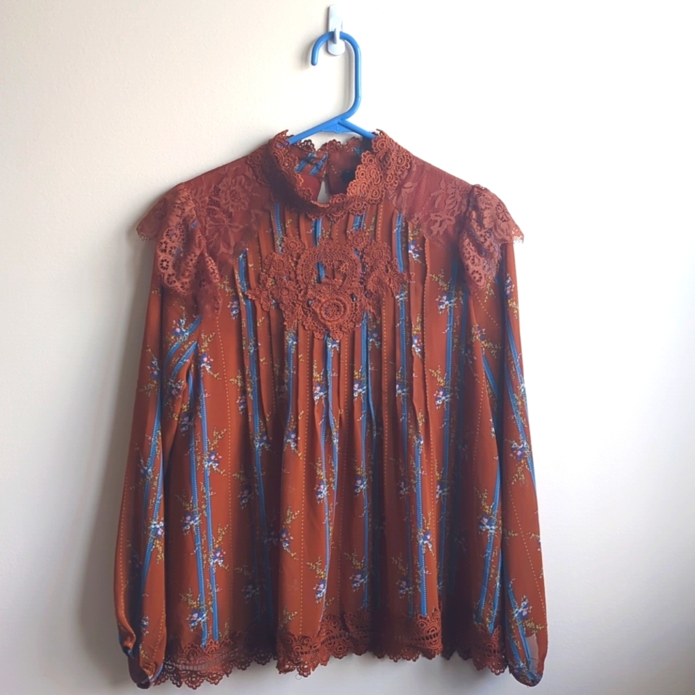 High Neck Boho Floral Lace Blouse